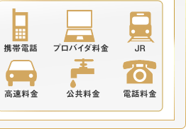 携帯電話、プロバイダ料金、JR,高速料金、公共料金、電話料金