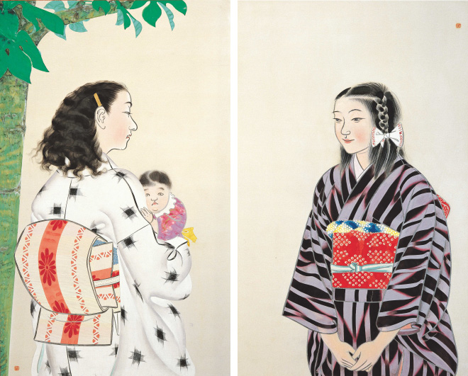 《姉妹》1943(昭和18)年頃、紙本着色・二曲屏風一隻、横浜美術館蔵(山口久像氏寄贈)