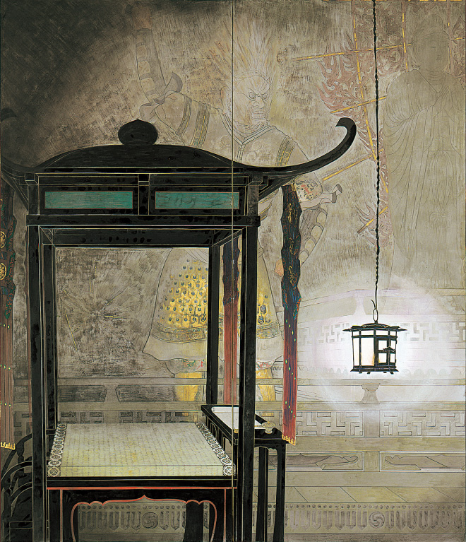 《方広会の夜》1950(昭和25)年、紙本着色・二曲屏風一隻、横浜美術館蔵(山口久像氏寄贈)