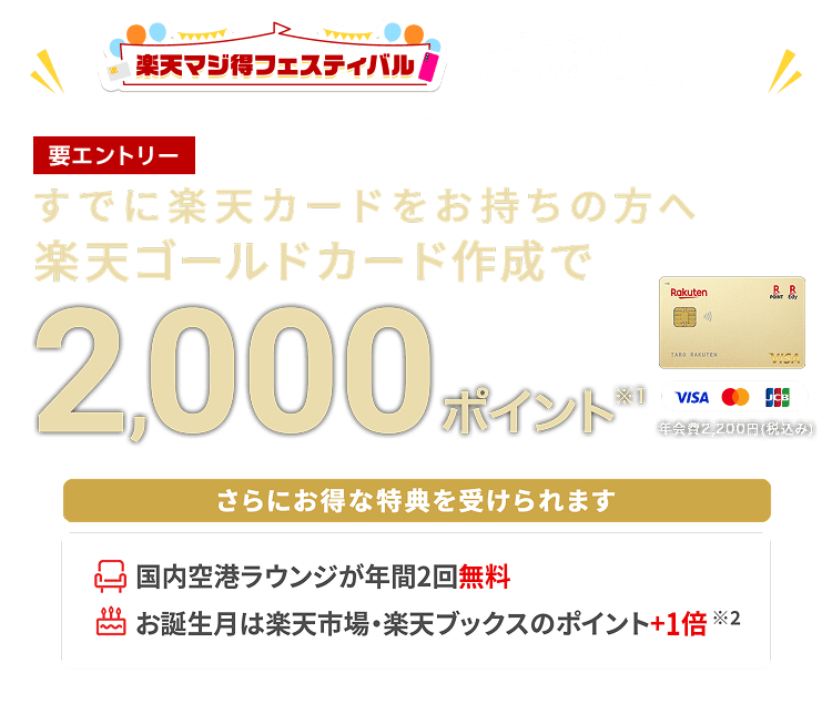 すでに楽天カードをお持ちの方へ楽天ゴールドカード作成でポイント進呈