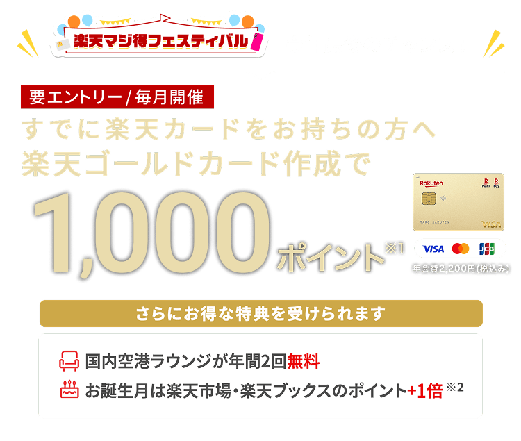 すでに楽天カードをお持ちの方へ楽天ゴールドカード作成でポイント進呈