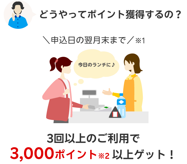 どうやってポイント獲得するの？ 申込日の翌月末まで※1 3回以上のご利用で3,000ポイント※2以上ゲット！