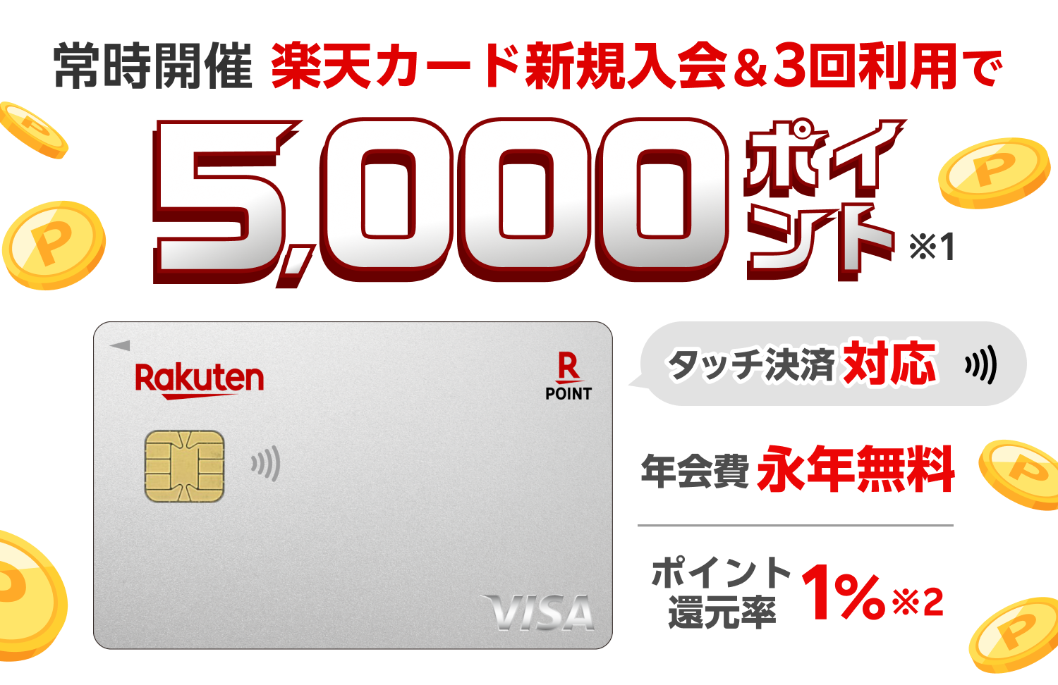 楽天カード新規入会＆3回利用でもれなくポイント進呈