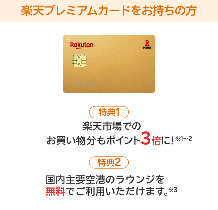 楽天プレミアムカードをお持ちの方【特典1】楽天市場でのお買い物分もポイント3倍に！※1～2【特典2】国内主要空港のラウンジを無料でご利用いただけます。※3