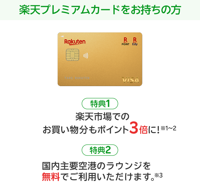 楽天プレミアムカードをお持ちの方【特典1】楽天市場でのお買い物分もポイント3倍に！※1～2【特典2】国内主要空港のラウンジを無料でご利用いただけます。※3