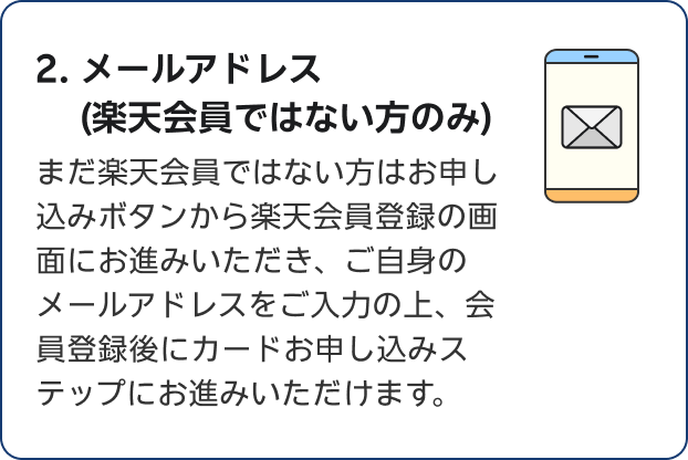 2.メールアドレス（楽天会員ではない方のみ） まだ楽天会員ではない方はお申し込みボタンから楽天会員登録の画面にお進みいただき、ご自身のメールアドレスをご入力の上、会員登録後にカードお申し込みステップにお進みいただけます。