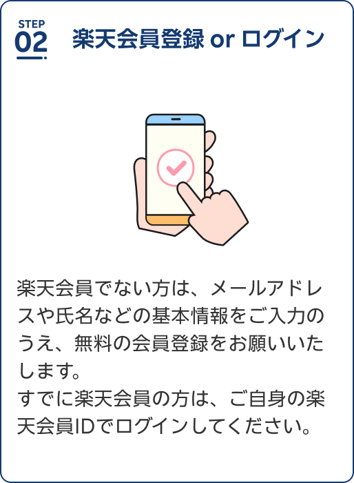 Step2 楽天会員登録orログイン 楽天会員でない方は、メールアドレスや氏名などの基本情報をご入力のうえ、無料の会員登録をお願いいたします。すでに楽天会員の方は、ご自身の楽天会員IDでログインしてください。