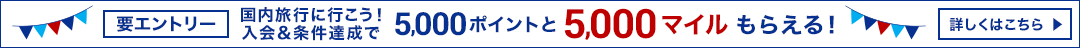 要エントリー国内旅行に行こう！入会&条件達成で5,000ポイントと5,000マイルもらえる！