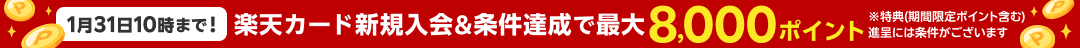 1月31日10時まで！楽天カード新規入会&条件達成で最大8,000ポイント※特典(期間限定ポイントを含む)進呈には条件がございます