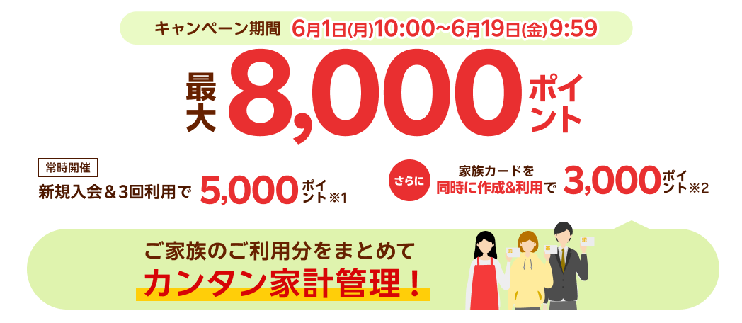 新規入会＆3回利用で5,000ポイント さらに家族カードを同時に作成＆利用で3,000ポイント
