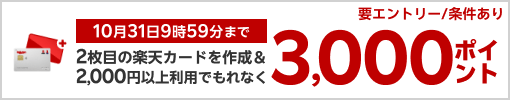 10月31日9時59分まで2枚目の楽天カードを作成&2,000円以上利用でもれなく3,000ポイント進呈要エントリー/条件あり