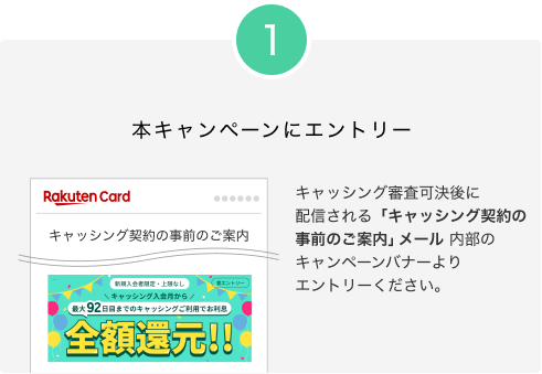 1.本キャンペーンにエントリー。キャッシング審査可決後に配信される「キャッシング契約の事前のご案内」メール 内部のキャンペーンバナーよりエントリーください。