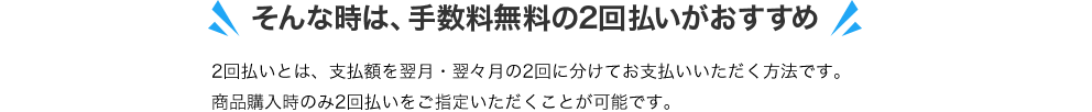 そんな時は、手数料無料の2回払いがおすすめ 2回払いとは、支払額を翌月・翌々月の2回に分けてお支払いいただく方法です。商品購入時のみ2回払いをご指定いただくことが可能です。