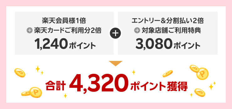楽天会員様1倍＋楽天カードご利用分2倍1,240ポイント ＋ エントリー＆分割払い2倍＋対象店舗ご利用特典3,080ポイント 合計4,320ポイント獲得