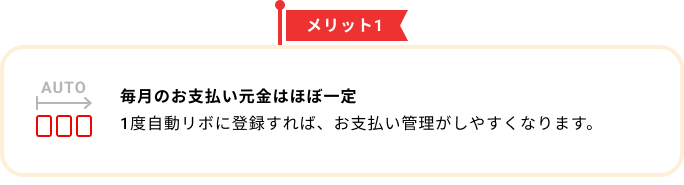 メリット1 毎月のお支払い元金はほぼ一定 1度自動リボに登録すれば、お支払い管理がしやすくなります。