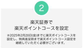 2.楽天証券で楽天ポイントコースを設定 ※2025年2月28日(金)までに楽天ポイントコースを設定し、特典進呈時まで楽天ポイントコース設定を継続していただく必要がございます。