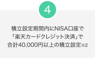 4.積立設定期間内にNISA口座で「楽天カードクレジット決済」で合計40,000円以上の積立設定※2