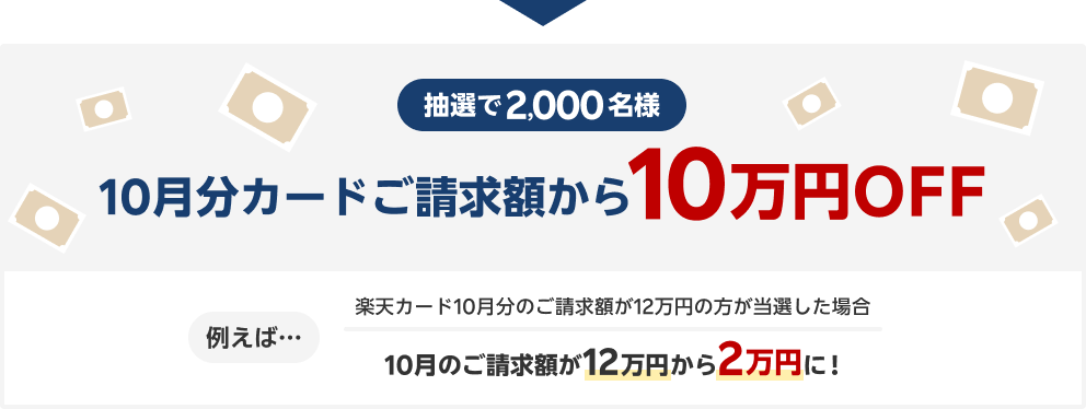 抽選で2,000名様 10月分カードご請求額から10万円OFF 例えば… 楽天カード10月分のご請求額が12万円の方が当選した場合 10月のご請求額が12万円から2万円に！