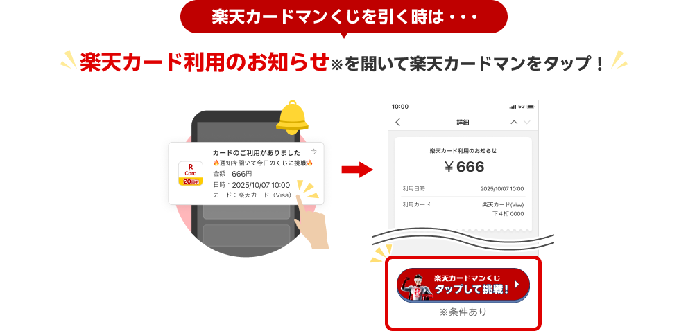 楽天カードマンくじを引く時は…楽天カード利用のお知らせ（※）を開いて楽天カードマンをタップ！