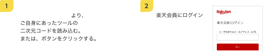 1.紹介はこちらから！より、ご自身にあったツールの二次元コードを読み込む。または、ボタンをクリックする。2.楽天会員にログイン