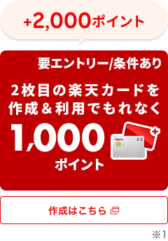 +2,000ポイント 要エントリー/条件あり 2枚目の楽天カードを作成&利用でもれなく1,000ポイント 作成はこちら ※1