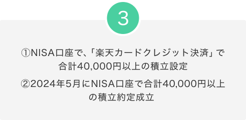 1：NISA口座で、「楽天カードクレジット決済」で合計40,000円以上の積立設定 2：2024年5月にNISA口座で合計40,000円以上の積立約定成立