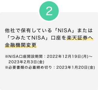 2.他社で保有している「NISA」または「つみたてNISA」口座を楽天証券へ金融機関変更 ※NISA口座開設期間：2022年12月19日(月)～2023年2月3日(金) ※必要書類の必着締め切り：2023年1月20日(金)