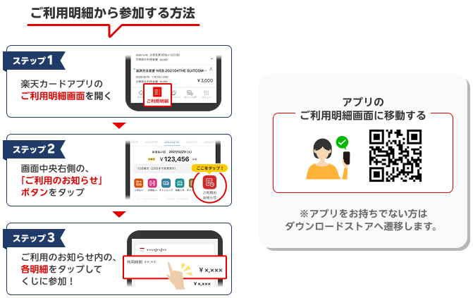 ご利用明細から参加する方法。ステップ 1：楽天カードアプリのご利用明細画面を開く。ステップ 2：画面中央右側の、「ご利用のお知らせ」ボタンをタップ。ステップ 3：ご利用のお知らせ内の、各明細をタップしてくじに参加！アプリのご利用明細画面に移動するQR画像。※アプリをお持ちでない方はダウンロードストアへ遷移します。