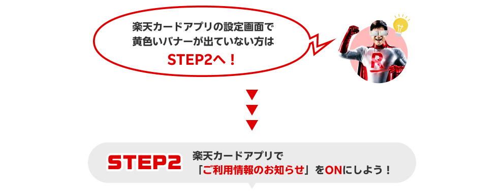 楽天カードアプリの設定画面で黄色いバナーが出ていない方はSTEP2へ！STEP2。楽天カードアプリで「ご利用情報のお知らせ」をONにしよう！