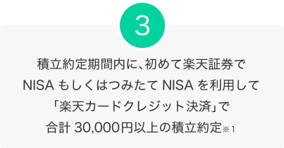 3.積立約定期間内に、初めて楽天証券でNISAもしくはつみたてNISAを利用して「楽天カードクレジット決済」で合計30,000円以上の積立約定※1