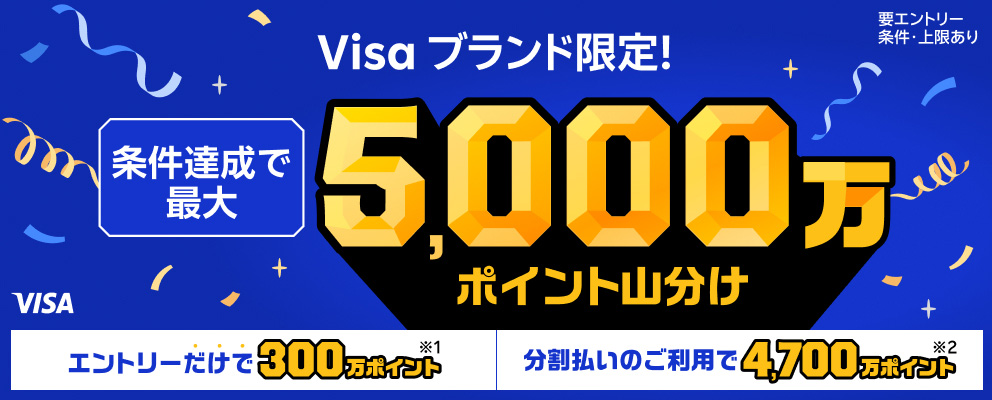 【要エントリー／条件・上限あり】Visaブランド限定！ 条件達成で最大5,000万ポイント山分け エントリーだけで300万ポイント※1 分割払いのご利用で4,700万ポイント※2