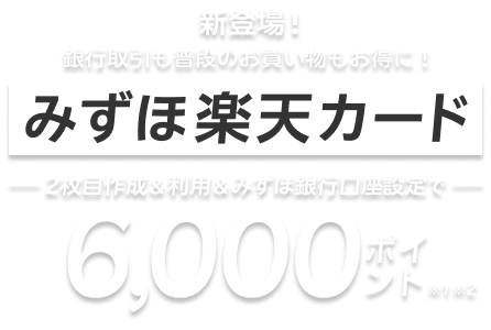 新登場！ 銀行取引も普段のお買い物もお得に！みずほ楽天カード 2枚目作成＆利用＆みずほ銀行口座設定で6,000ポイント ※1※2