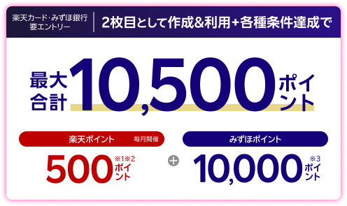 楽天カード・みずほ銀行 要エントリー 2枚目として作成&利用+各種条件達成で最大合計10,500ポイント 毎月開催 楽天ポイント500ポイント※1※2 + みずほポイント10,000ポイント※3