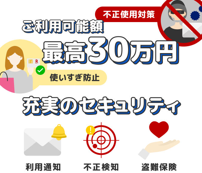 ご利用可能額最高30万円　充実のセキュリティ 利用通知 不正検知 盗難保険