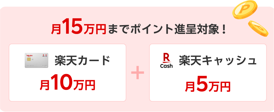 月15万円までポイント進呈対象! 楽天カード月10万円 + 楽天キャッシュ月5万円