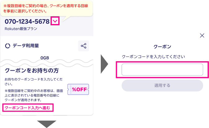 ※複数回線をご契約の場合、クーポンを適用する回線を事前に選択してください。