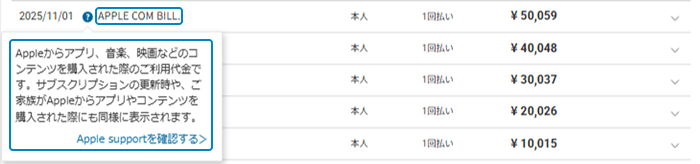 ご利用明細のキャプチャの例。明細上のハテナマークのボタンを押下すると利用先の詳細を確認いただけます。