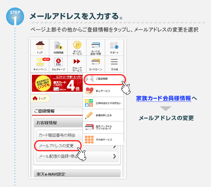 楽天カード 家族カード会員様のメルマガ受け取り アドレス入力