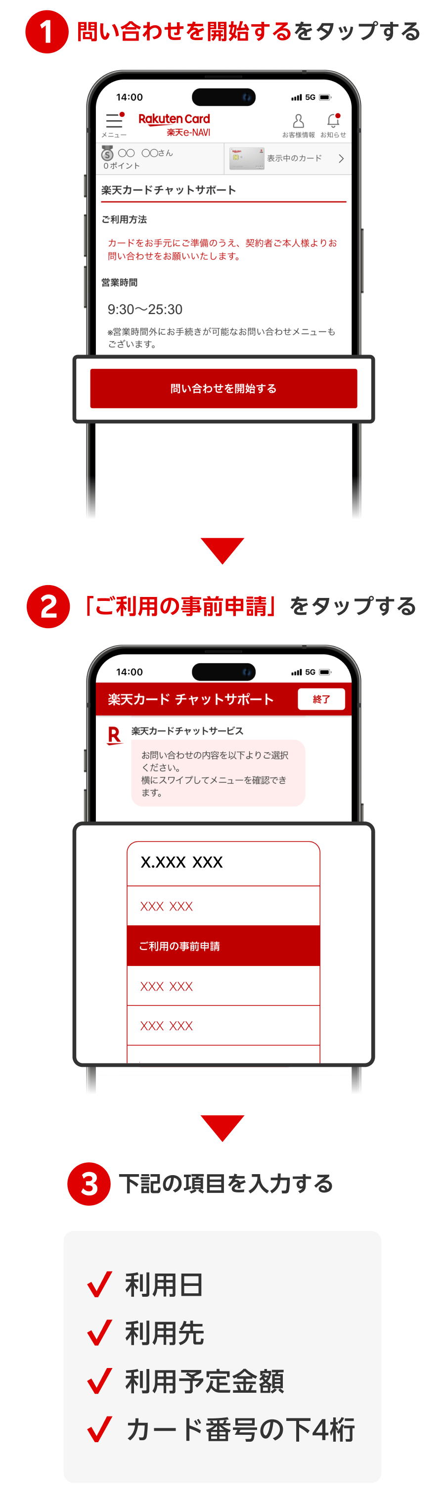 ステップ1 問い合わせを開始するをタップする ステップ2 「ご利用の事前申請」をタップする ステップ3 利用日、利用先、利用予定金額、カード番号の下4桁の項目を入力する
